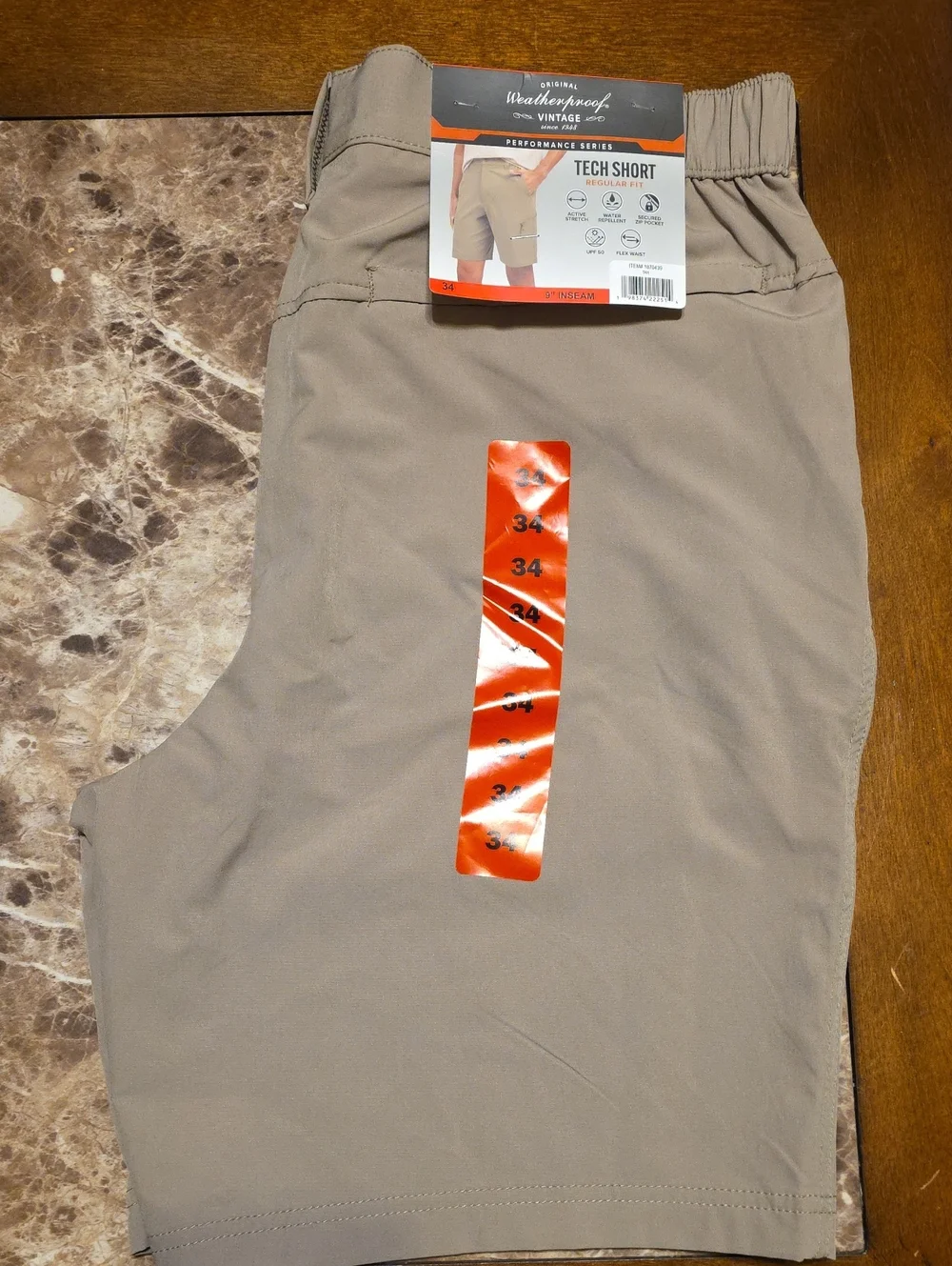 Weatherproof Men's Tan Tech Shorts with Zip Pocket